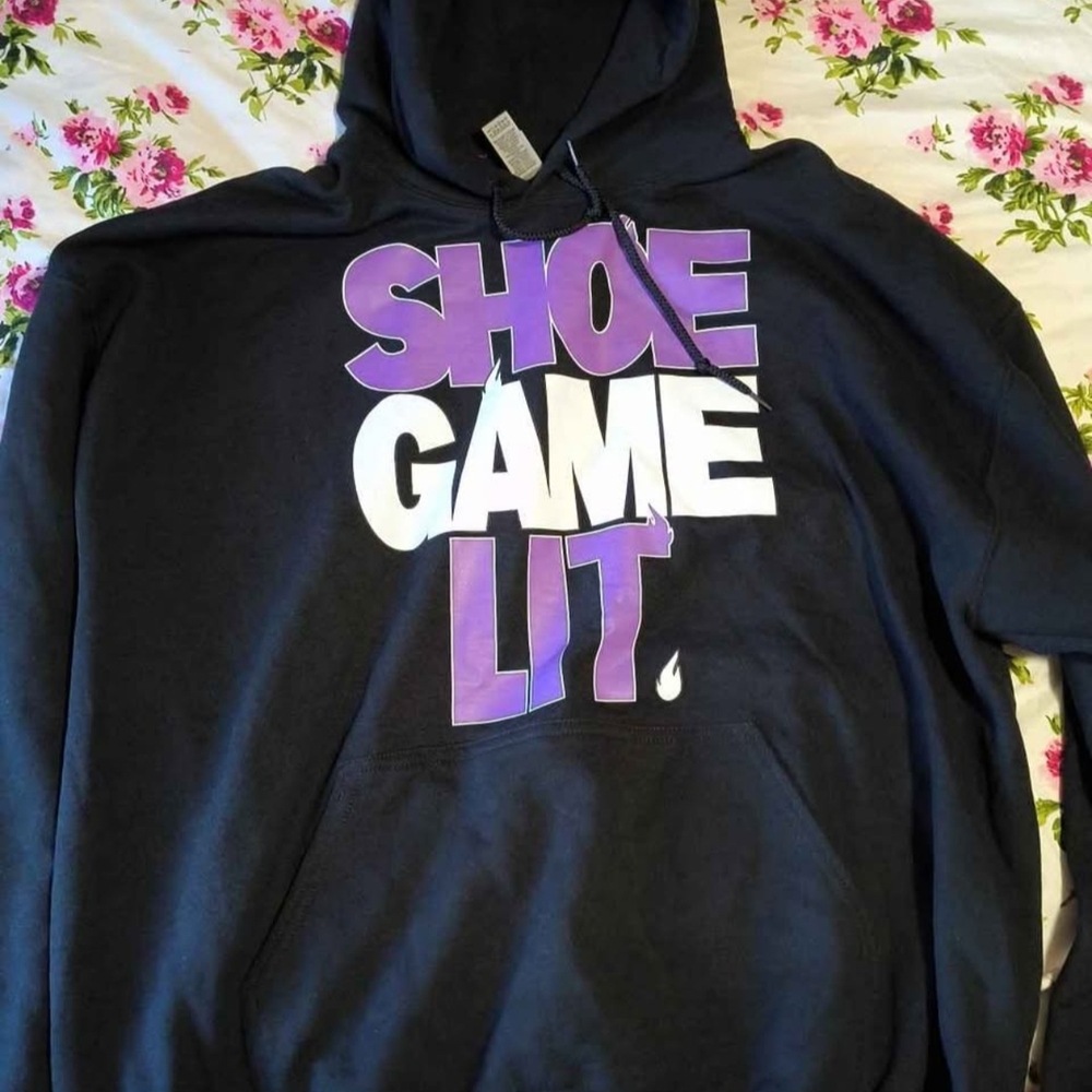 Gildan Black "Shoe Game Lit" Graphic Hoodie - Purple & White Print